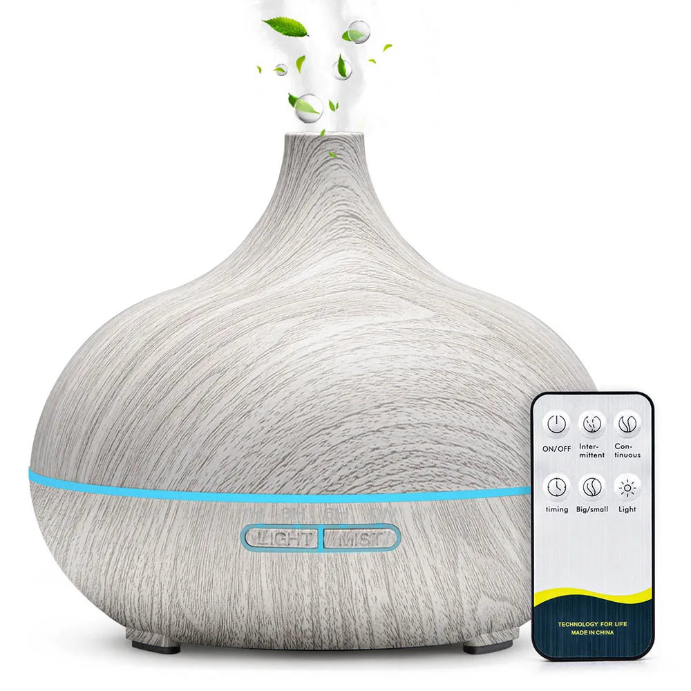 Lunavia | 500ml Ultrasonic Essential Oil Diffuser – Wood Grain, Remote-Controlled, 7-Color LED Humidifier