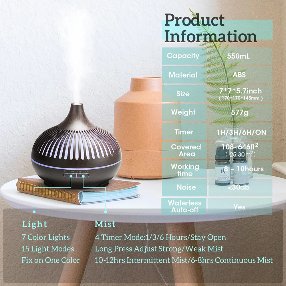 Lunavia | 500ml Ultrasonic Essential Oil Diffuser – Wood Grain, Remote-Controlled, 7-Color LED Humidifier