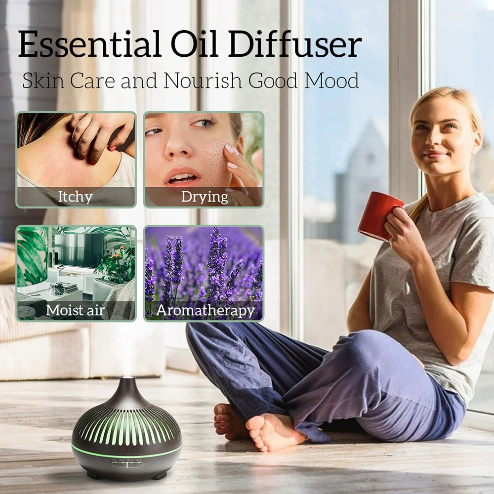 Lunavia | 500ml Ultrasonic Essential Oil Diffuser – Wood Grain, Remote-Controlled, 7-Color LED Humidifier