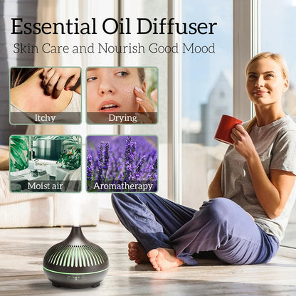 Lunavia | 500ml Ultrasonic Essential Oil Diffuser – Wood Grain, Remote-Controlled, 7-Color LED Humidifier