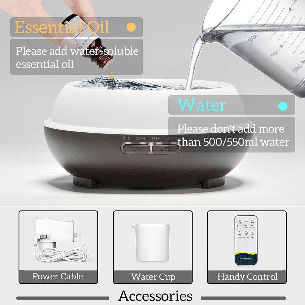 Lunavia | 500ml Ultrasonic Essential Oil Diffuser – Wood Grain, Remote-Controlled, 7-Color LED Humidifier