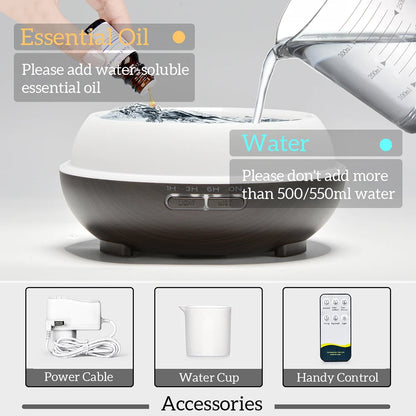Lunavia | 500ml Ultrasonic Essential Oil Diffuser – Wood Grain, Remote-Controlled, 7-Color LED Humidifier