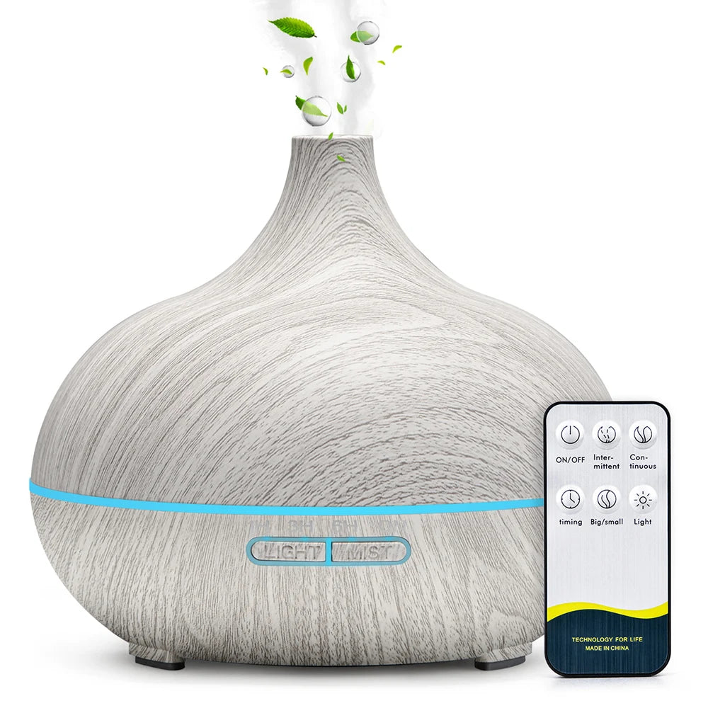 Lunavia | 500ml Ultrasonic Essential Oil Diffuser – Wood Grain, Remote-Controlled, 7-Color LED Humidifier